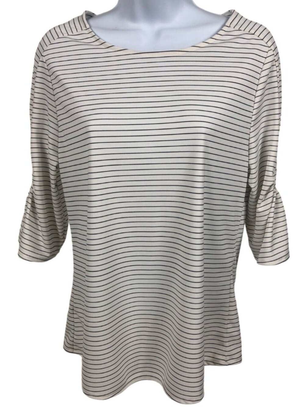 Ann Taylor Factory Top Size S White w Black Stripe 3/4 Bell Sleeves Round Neck
